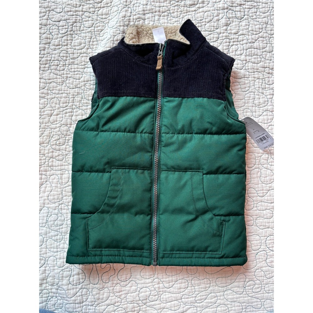 Carters Boys Size 4T Green Puffer Vest Sherpa Collar Corduroy